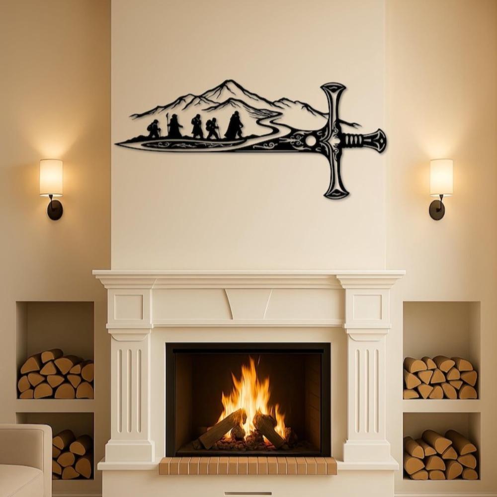 Herr der Ringe Metall Wanddeko, Fantasy Schwertkunst, Epische Reise Silhouette, Abenteuer Berglandschaft, Geschenk für die Männerhöhle
