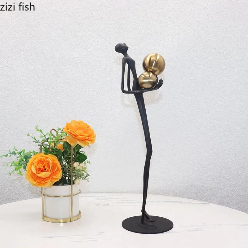 Black Matchstick Men Statue Golden Ball Decoration Character Sculpture Desktop Abstract Character Figurines Home Decoration