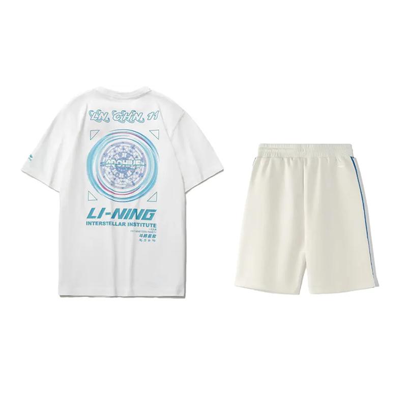 Li Ning Dazzling Star Letter Print Short Sleeve T-Shirt Comfortable Versatile Skin-Friendly Shorts Casual Sports Suit Unisex Suit AHSU969-3+YKSV129-1