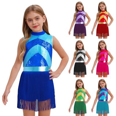 Vestido de Performance de Dança Latina Jazz para Meninas Gola Alta Sem Mangas Lantejoulas Brilhantes Bloco de Cores Franjas