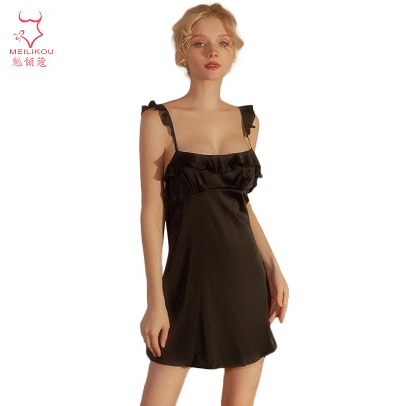 Spring new high-end satin home suspender nightdress women's French ruffle edge can be worn outside suit