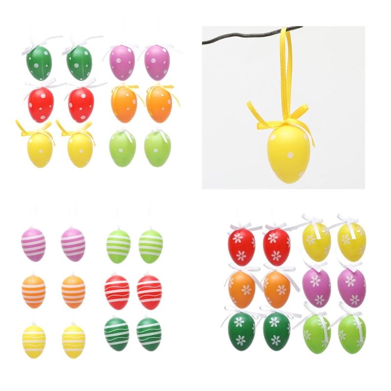 12PCS Plastic Easter Eggs Happy Easter Day Decors with Hangable Lanyards Colorful Eggs for Outdoor Easter Decors
