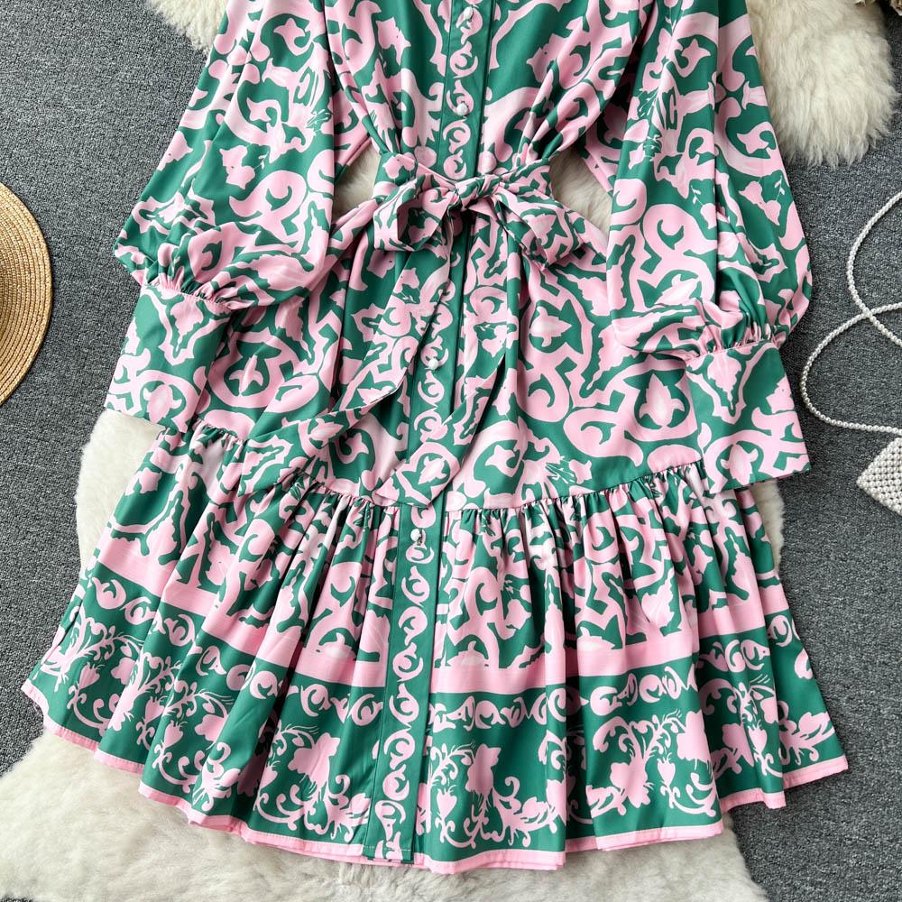 Vintage Summer Floral Print Ruffles Single Breasted Long Sleeve High Waist Vocation Beach Long Women Dress