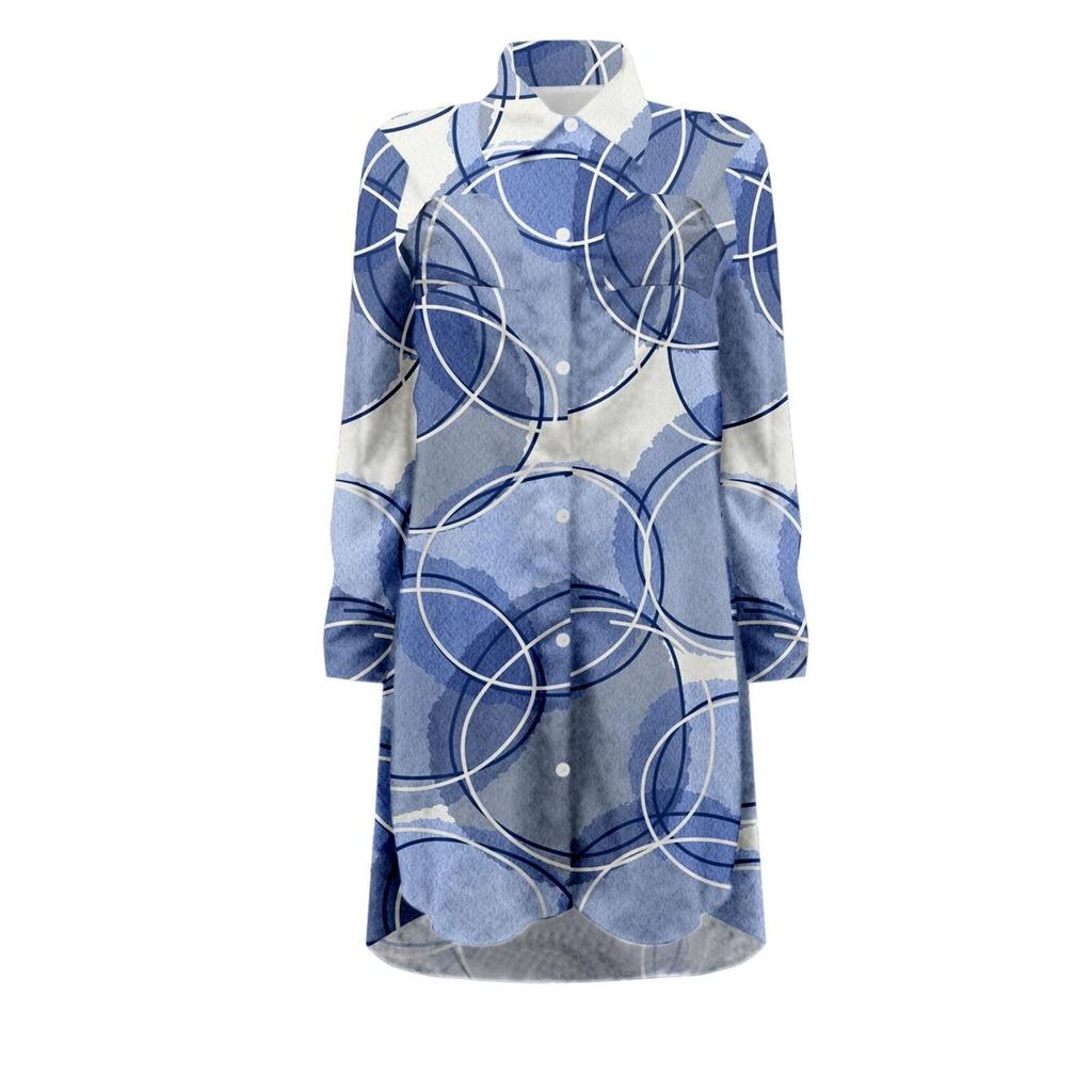 Womens Casual Summer Beach Dress Pocket Lapel Long Sleeve Printed Shirt Tops