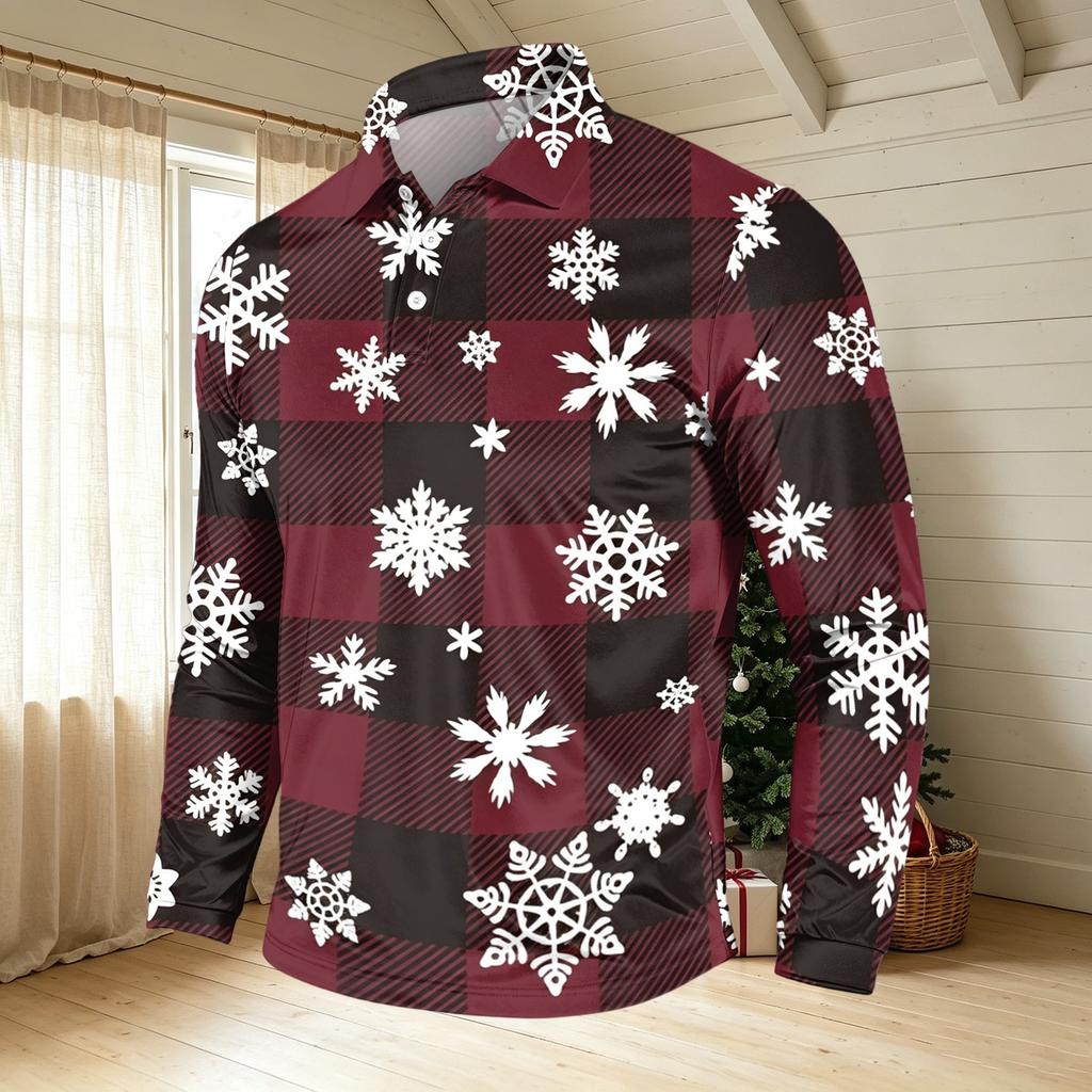 Men's Casual Long Sleeve Neck T-Shirt with Christmas Print, Holiday Party Top