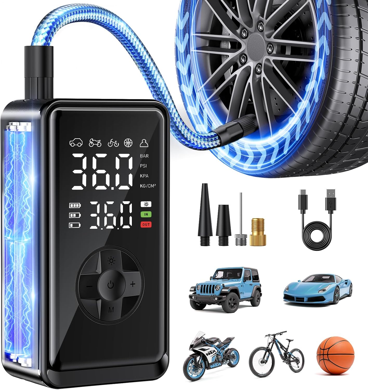 

Portable Tire Inflator with Digital Gauge, Dual LCD Air Compressor for Car, Bike, Motorcycle, Ball