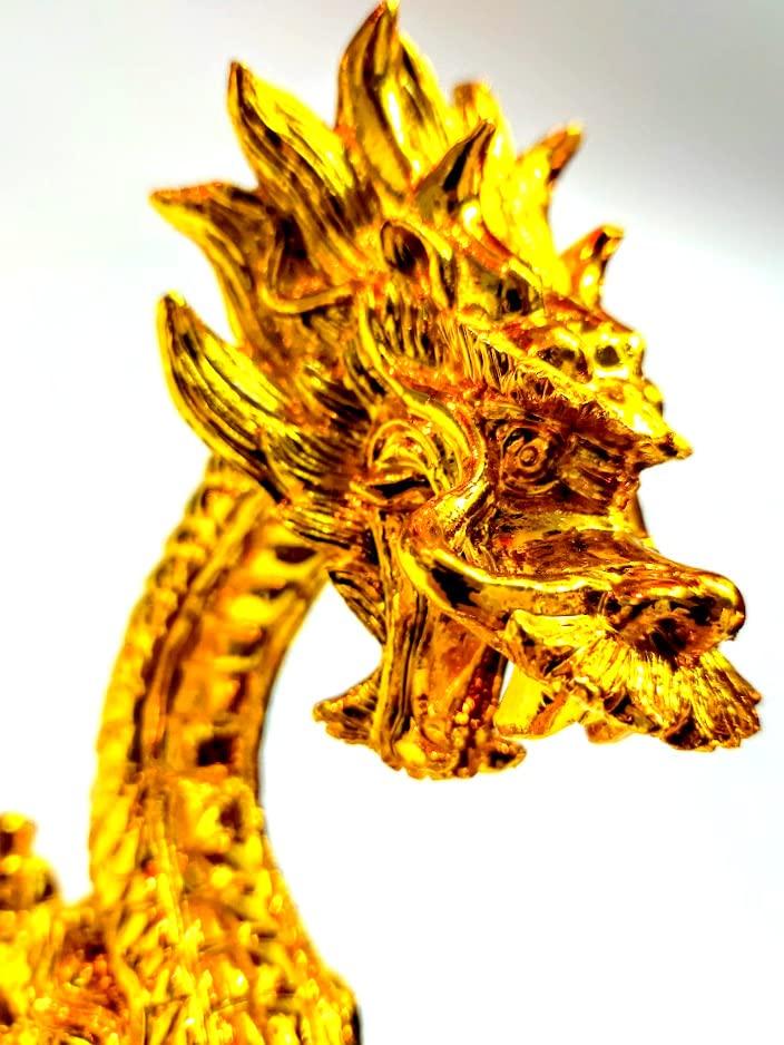 Golden Rising Dragon Figurine with Crystal Ball for Good Fortune and Strong Luck