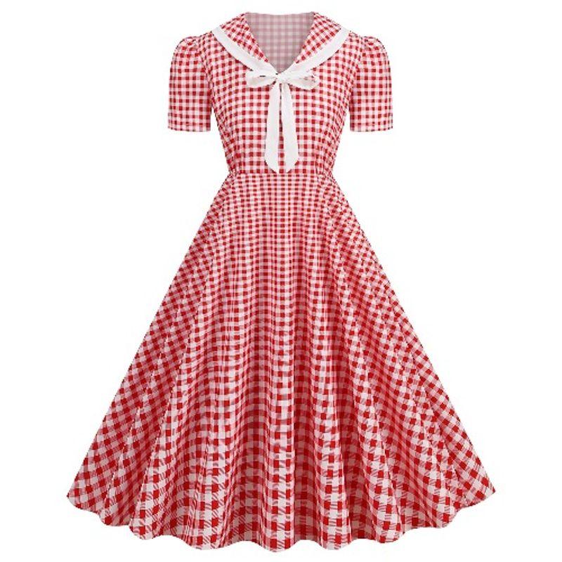 

Retro Sweet Hong Kong Style Plaid Waist Tight Doll Collar Puff Short Sleeve Mid Length Long Length Dress Student Graduation Season Photo Red and White grid XL