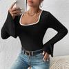 Autumn Square Collar Slim Fit Casual T Shirt for Women Fashion Vintage Flare Long Sleeve T-shirt Women Elegant Solid Winter Base Lady Tee Tops 25178