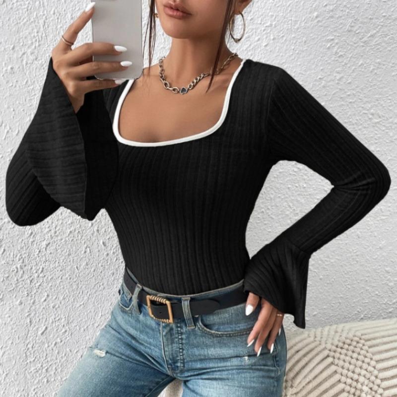 Autumn Square Collar Slim Fit Casual T Shirt for Women Fashion Vintage Flare Long Sleeve T-shirt Women Elegant Solid Winter Base Lady Tee Tops 25178
