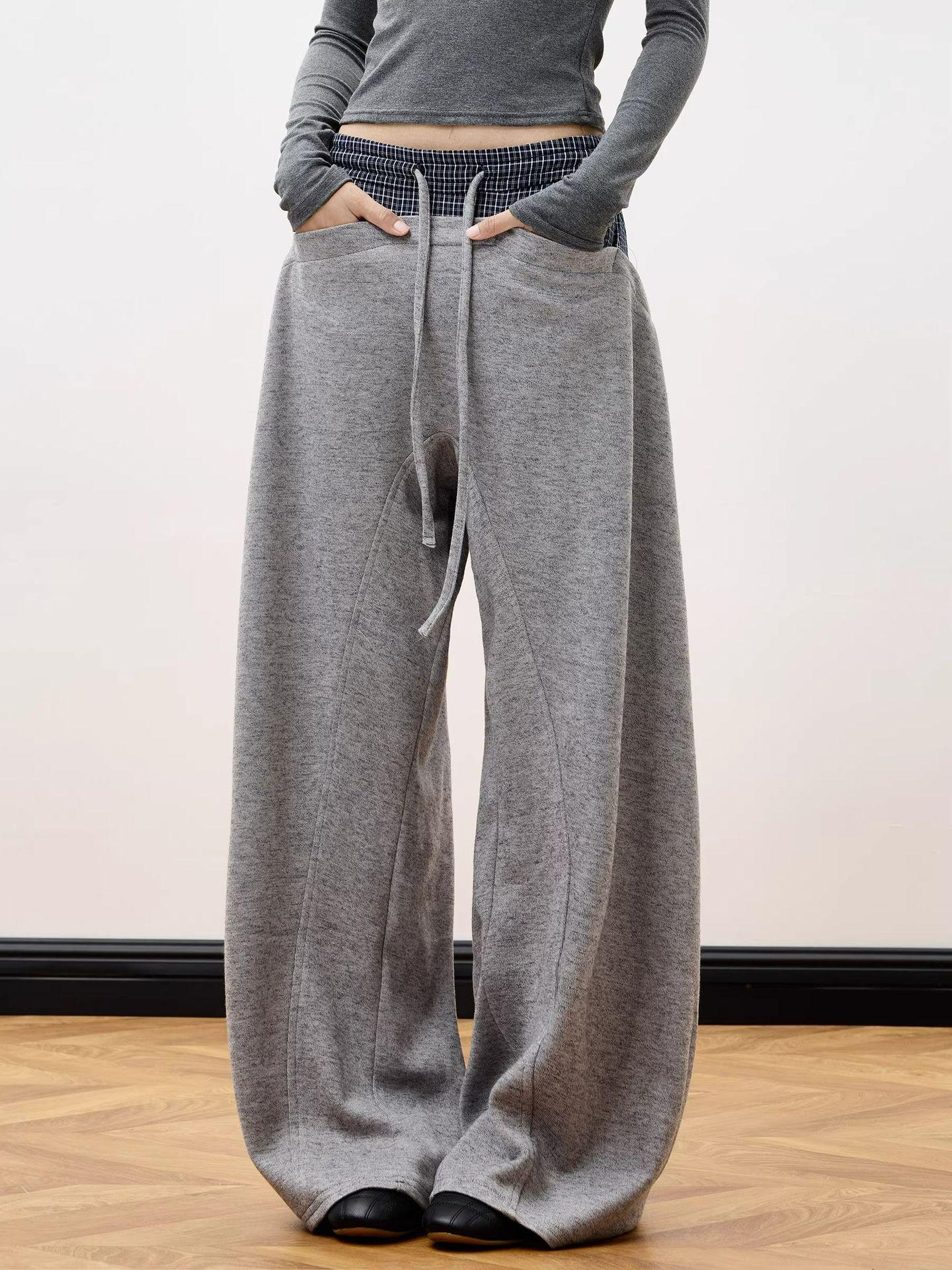 Unisex Retro Plaid Patchwork Wide-Leg Drawstring Sweatpants Medium