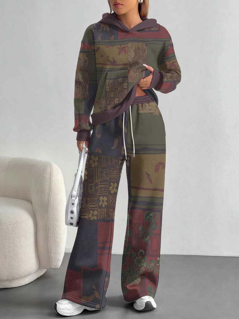 Splicing European And American Autumn And Winter Casual Long-Sleeved Suit Women'S Hooded Sweater Trousers Two-Piece Set