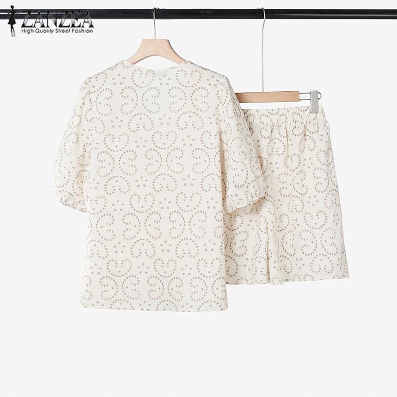 ZANZEA Women Summer V-Neck Bubble Short Sleeve Shirt Pocket Shorts Two Piece Suit Sets