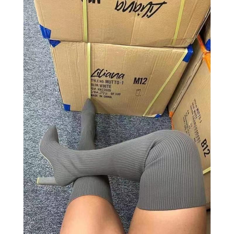 Autumn and winter pointed thick heel knitted knee boots women's European, American foreign trade large size elastic wool socks long boots