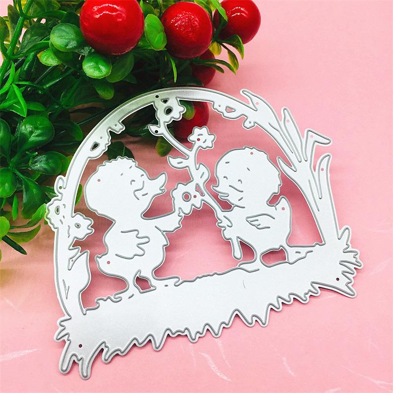 Two Little Yellow Ducks Enjoy The Flower Design Metal Cutting Dies DIY Scrapbooking Embossing Stencil Paper Craft Album Template
