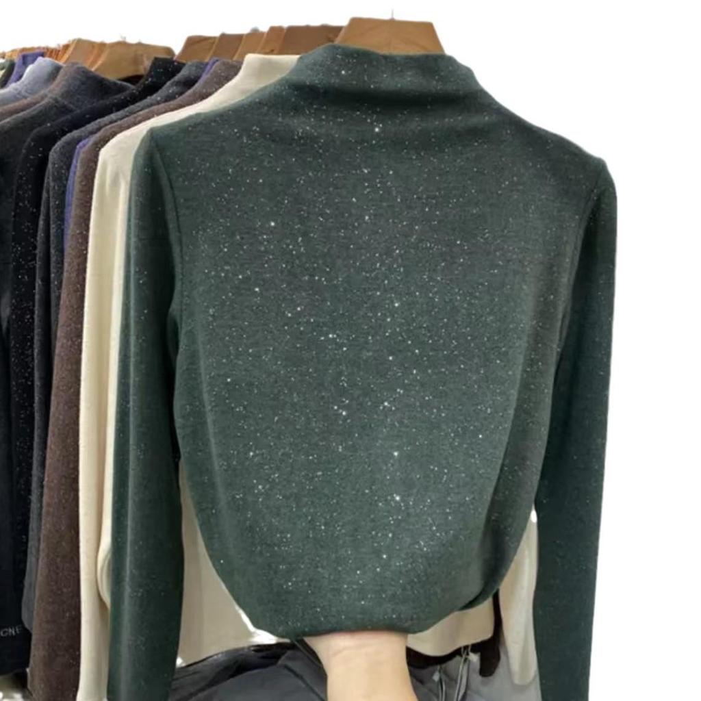 Velvet Sequin Women's Semi-High Neck Slimming Winter Base Layer T-Shirt - Plus Size Available