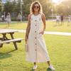 Women’s Sleeveless Button Front Long Overall Dress Adjustable Strap Loose Fit Casual Pinafore with Pockets for Everyday Wear