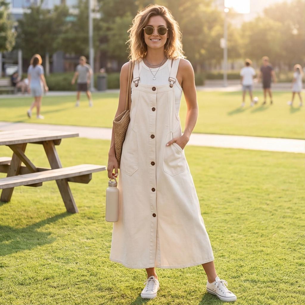 Women’s Sleeveless Button Front Long Overall Dress Adjustable Strap Loose Fit Casual Pinafore with Pockets for Everyday Wear