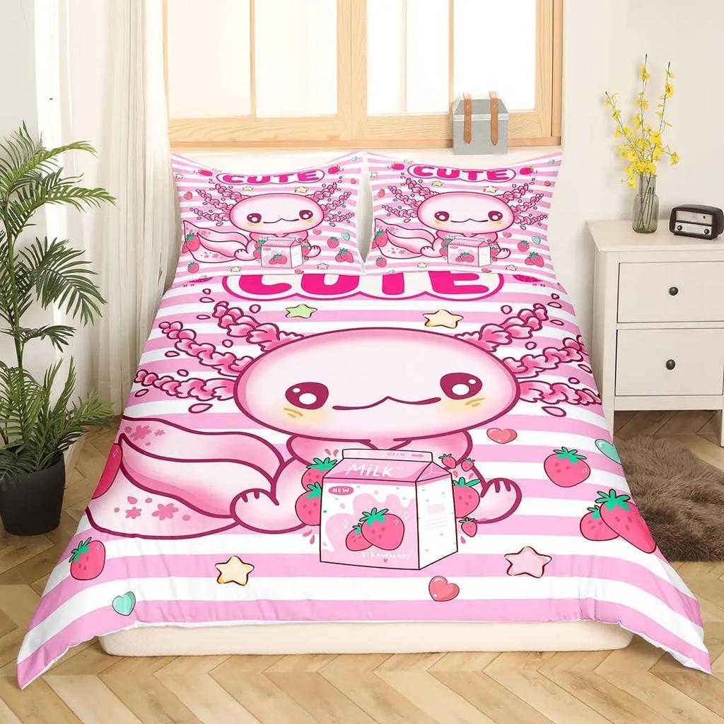 Sweet Strawberry Milk Duvet Cover King Queen Cute Bear Bedding Set Cartoon Fruits Animals Comforter Cover with 2 Pillowcases