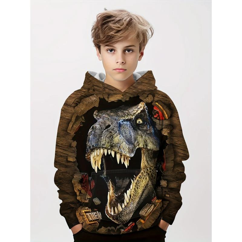 Autumn Winter 3D Cartoon Dinosaurs Printed Hoodies Fashionable Casual Warm Sports Long Sleeved Children's Boy Hooded Sweatshirts