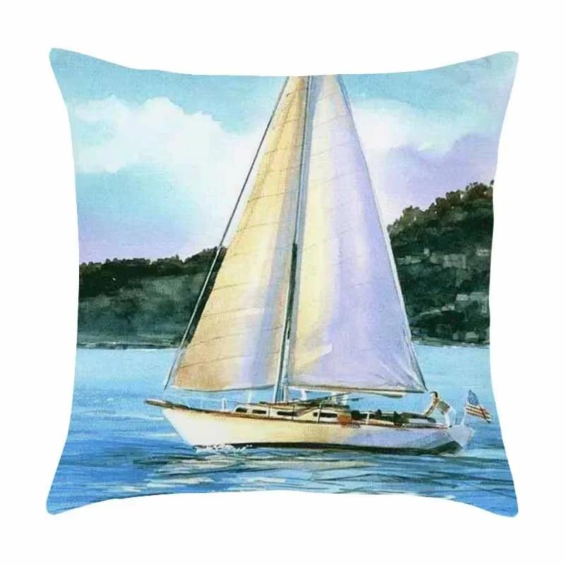 Beautiful Oil Painting Sail Sailing Landscape Print Pattern Cushion Cover Home Living Room Sofa Decoration Pillow