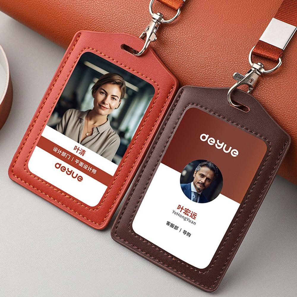High Quality Genuine Leather Work Card Holder With Neck Lanyard Solid Color ID Card Cover Id Name Tag Business