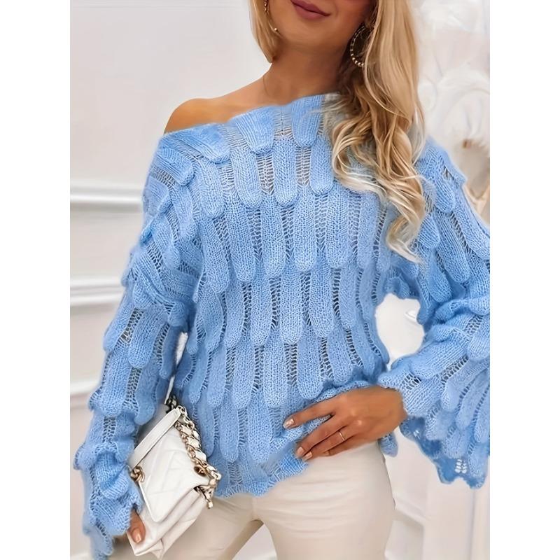 Solid Cut Out Knitted Pullover Sweater, Elegant Flared Sleeve Sweater, Women's Clothing