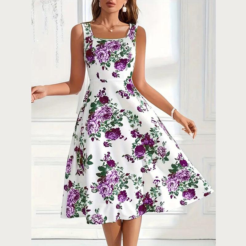Women Bohemian Summer Sleeveless Flower Printed Holiday One Piece Dress