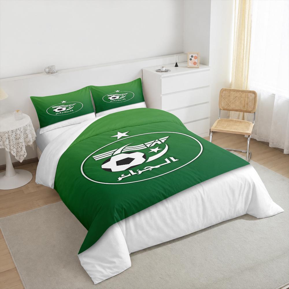 Algeria National Football Team Crest Bedding set (1 duvet cover, 2 pillowcases, duvet not included), Green Star Crescent Emblem Art Print