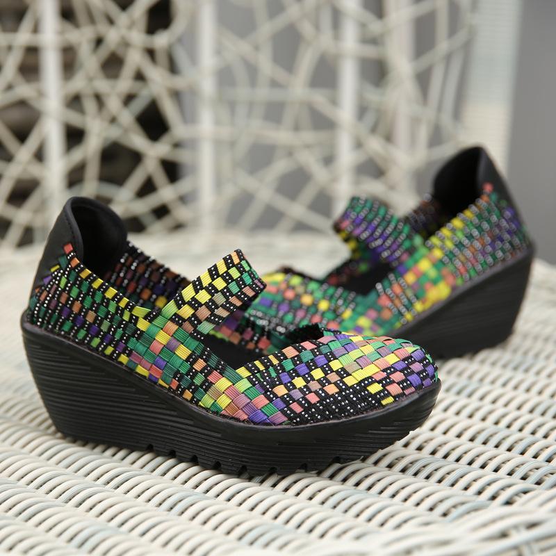 Dámské tkané elastické robustní podpatky na klínu Platforma pro volný čas Nízké podpatky Lehká prodyšná Mary Jane pro ženy Nazouvací lodičky Boty Vycházková obuv