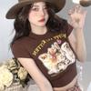 Ins American Retro Cartoon Print Short-sleeved T-shirt Women's Niche Summer Pure Desire Wind Sweet Hottie Tight Short Top