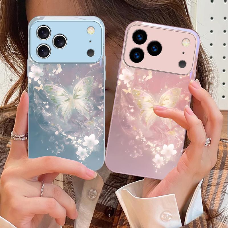 Fluture visător cu dungi Pentru iPhone 17 Air 16 E 15 14 13 Plus 12 mini 11 17 Pro Max XR Xs Max 16E 7 8 Carcasă de telefon din sticlă securizată