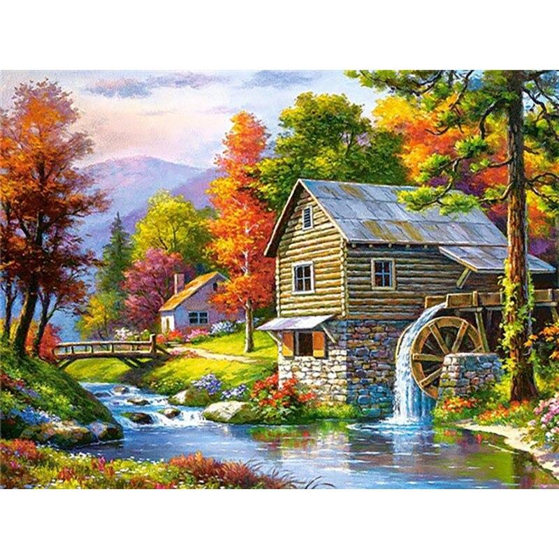 Pictură cu diamant 5D DIY, peisaj, casă, broderie cu diamant, peisaj, punct de cruce, burghiu rotund complet, decor cadou manual