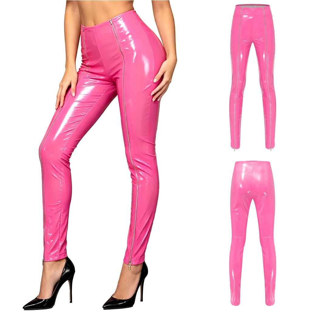 Women Patent Leather Front Zipper High Waist Leggings Wet Look Shiny Tights for Street Club Rave Party Stage Performance