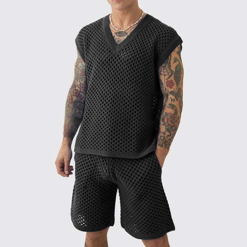 Mens Casual Crochet Mesh Two Piece Outfit Sleeveless Top And Shorts Set