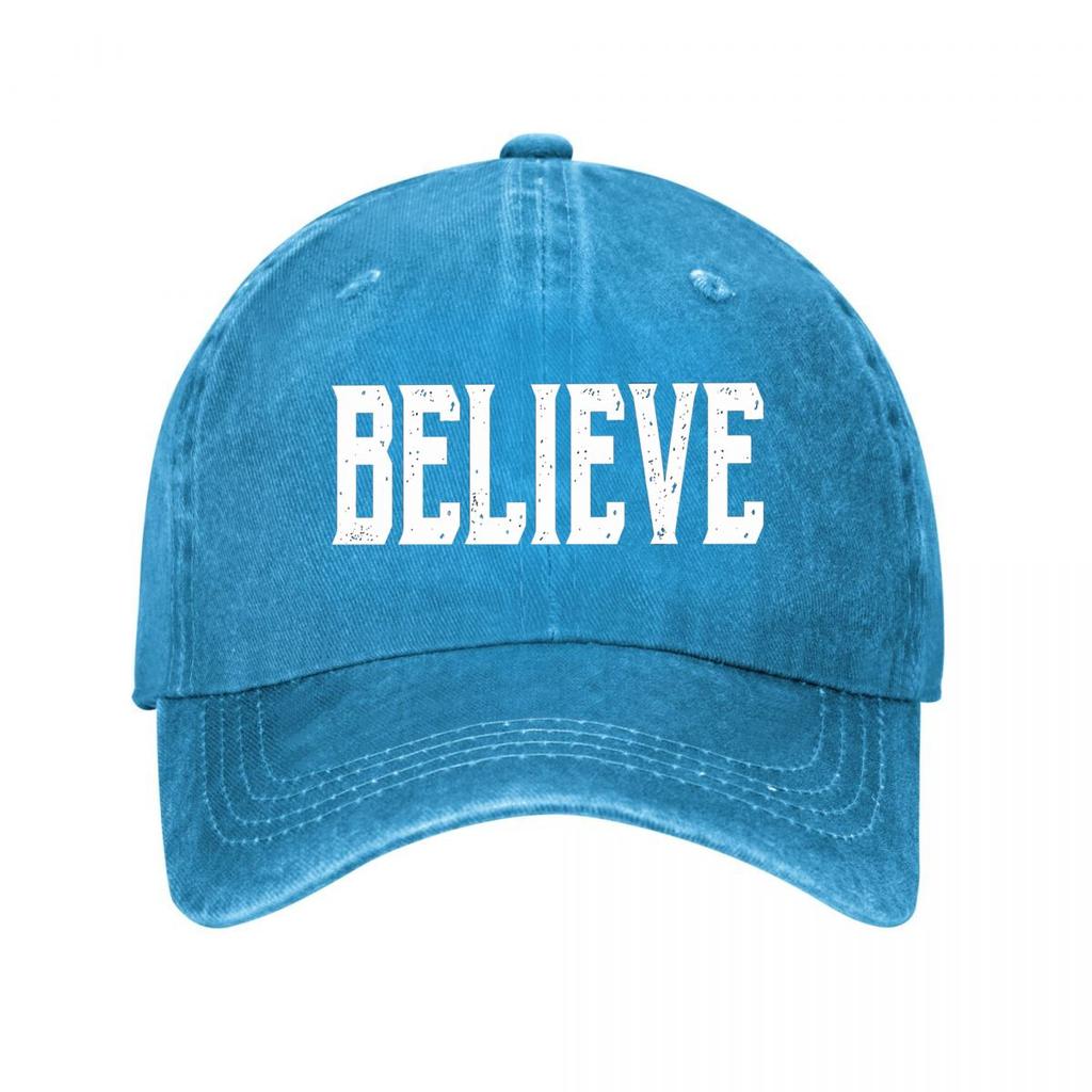Believe Distressed College Lettering Typography Design Washed Baseball Cap Outdoor For Womens Unisex FeUnisex