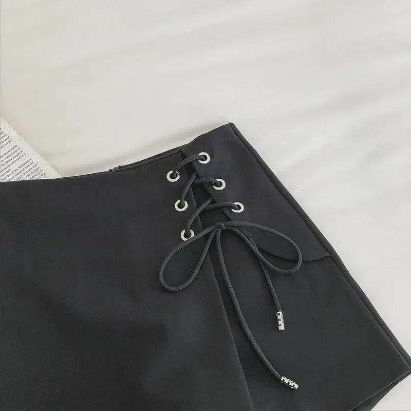 Schwarzer Anzug A-Linie Unregelmäßige Kordelzug-Shorts - Frühling/Sommer Lässig Weitbein Stiefelrock Hose.