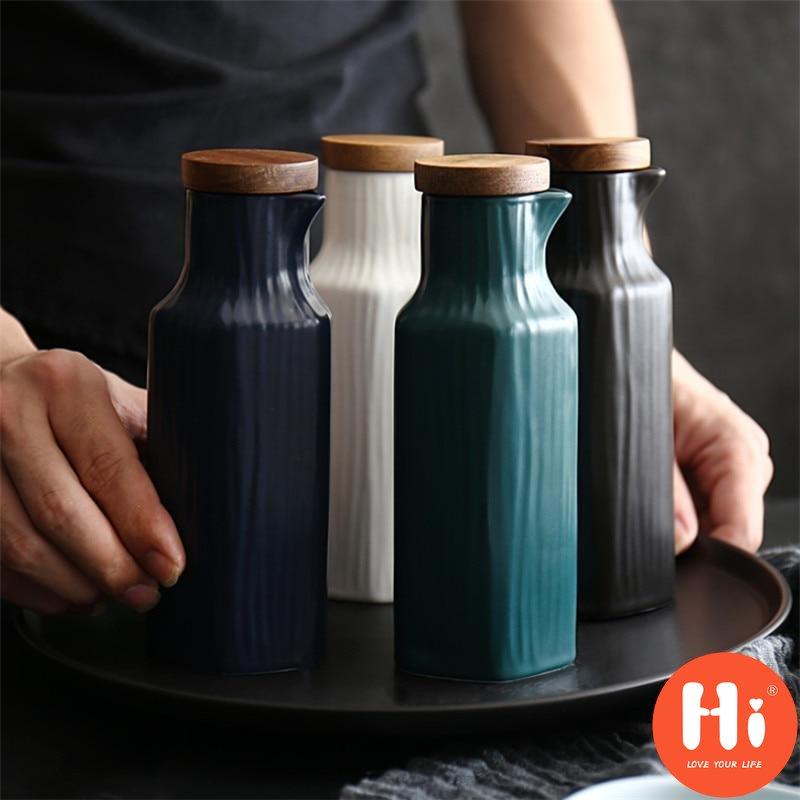 Hi Japanese Ceramic Salt Jar with Bamboo Lid Soy Simple Sauce Bottle Creative Leak-Proof Oil Vinegar Bottle Kitchen Tableware