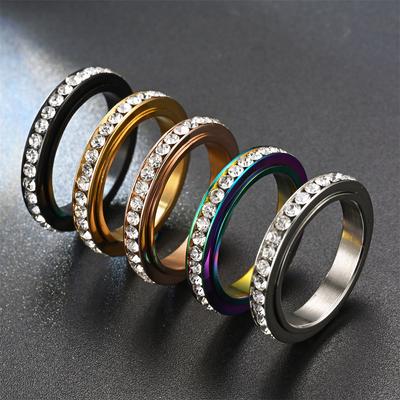 4MM Stainless Steel Spinner Finger Rings For Women Crystal Rotatable Wedding Ring Men Anniversary Party Jewelry