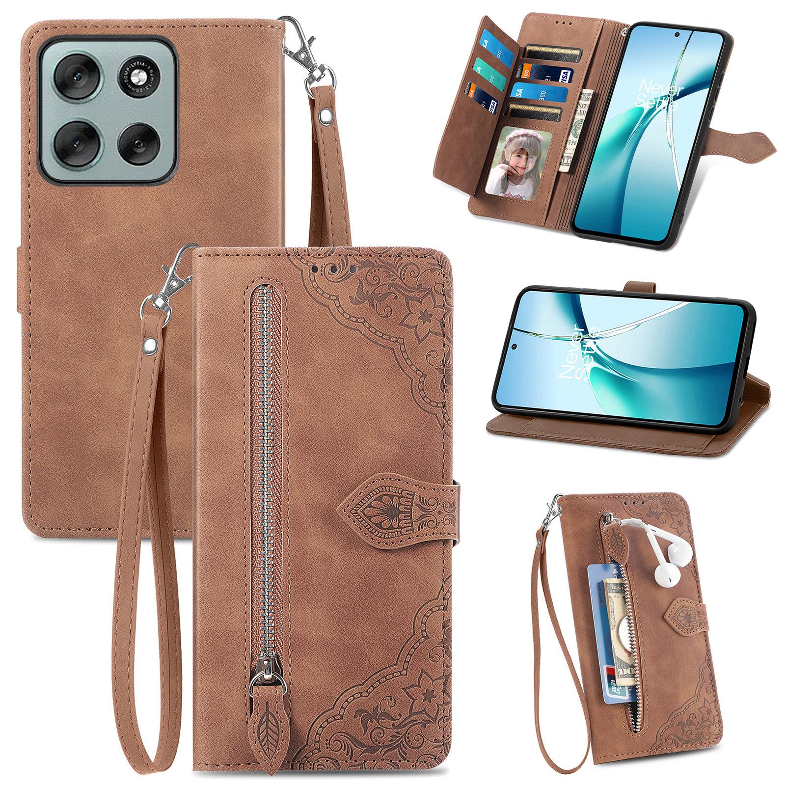

For Motorola Moto G56 5G Zipper Wallet Case with Strap Flower Imprint PU Leather Phone Cover Brown