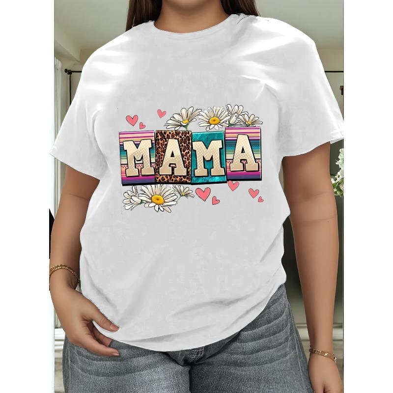 Women's Happy Mother's Day Print Tee Floral Heart Black White Loose Fit Short Sleeve Spring Summer Casual Mama Graphic Top