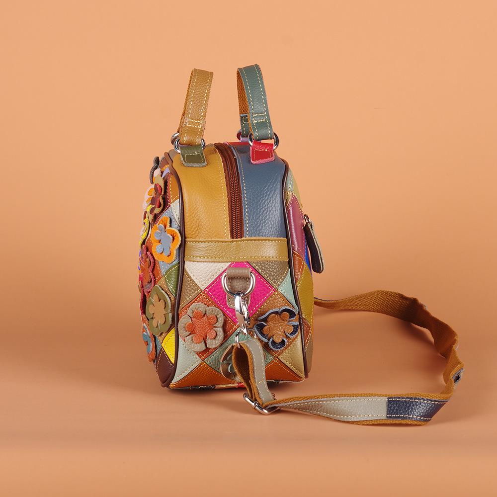 Wind Leather Handbag Messenger Bag Hand-Spliced Flower Women'S Bag Colored Rhombus Leather Small Square Bag Women'S Bag