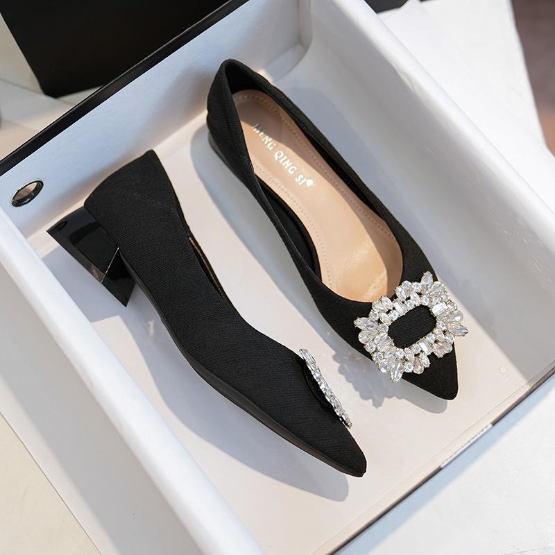 Single Shoes Women's New Rhinestone Temperament High Heels Pointed Head Shallow Mouth Versatile Thick Heel Large Size