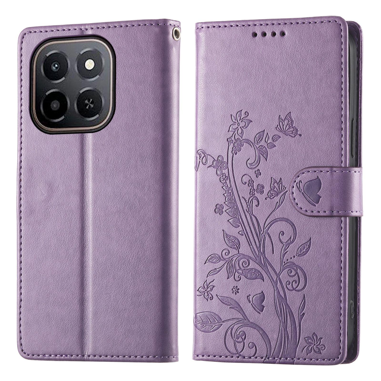

Wallet Case for Honor X6c 4G/X5b/X5b Plus Butterfly Floral Imprint PU Leather Phone Cover with Wrist Strap
