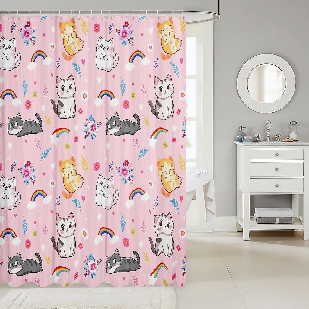 Cute Floral Cat Shower Curtain Cartoon Pet Animal Fabric Shower Curtain Colorful Kitten Flowers Bathroom Curtains Romantic