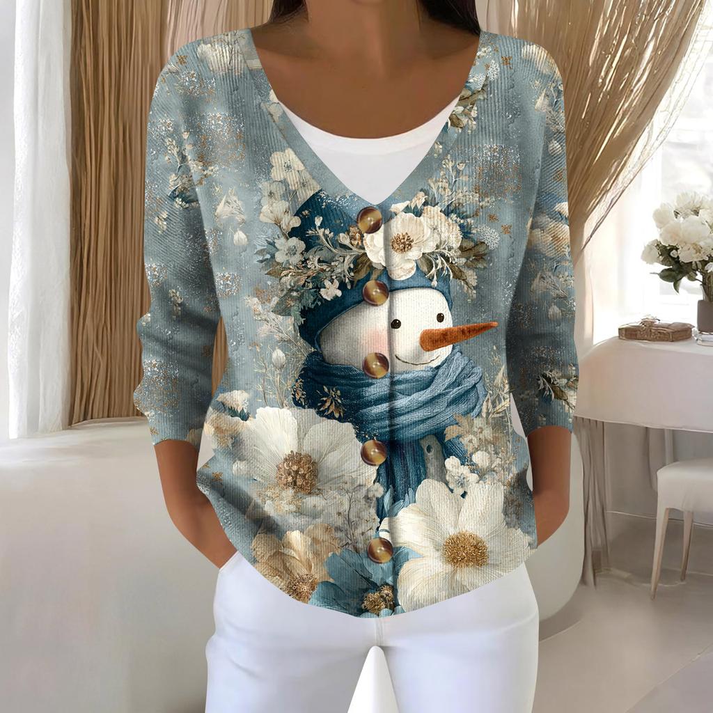 Women's Fashion Long Sleeve Christmas Snowman Snowflake Print Jacket Cardigan
