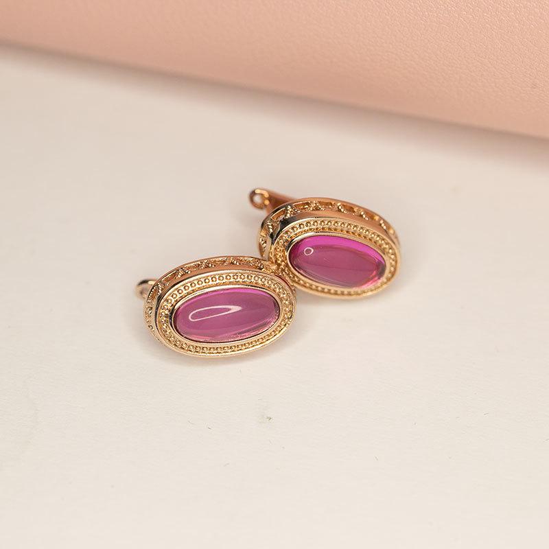 Exquisite Russian 585 Purple Gold Inlaid Oval Redstone Earrings Rose Gold Plated Luxury Foreign Exquisite Color Gold