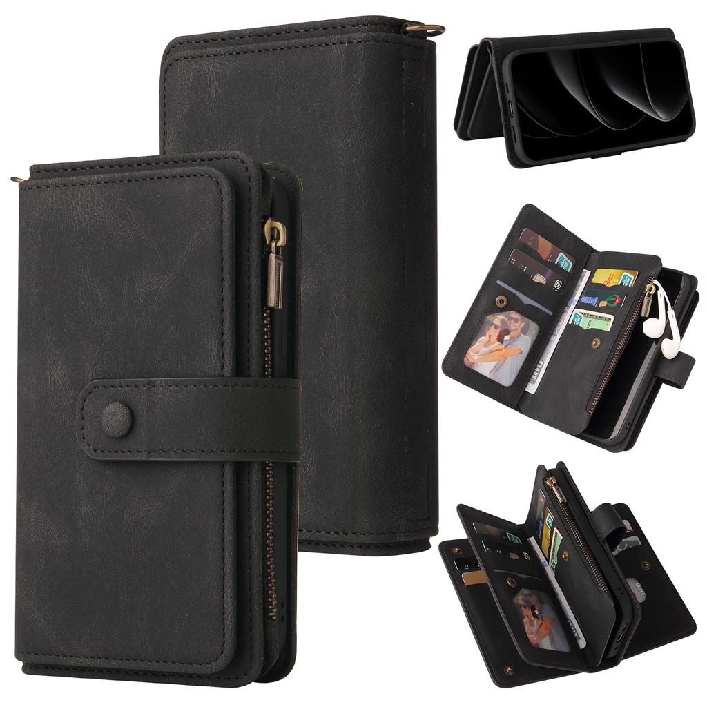 Flip Zipper Magnetic Card Solt Leather Wallet Case For iPhone 17 Pro Max 16 Plus 15 Plus 14 13 12 11 Shockproof Hand Strap Cover