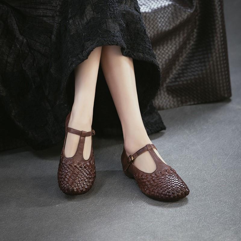 Johnature Genuine Leather Woven Shallow Mary Jane Shoes Retro Low Heeled Women's Shoes