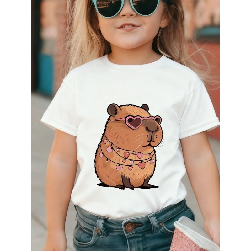 European sizes Children's Capybara T-Shirt, and Girls' Daily Casual Holiday Wear, Spring/Summer Fashion Trend O-Neck Spliced Short Sleeve Top